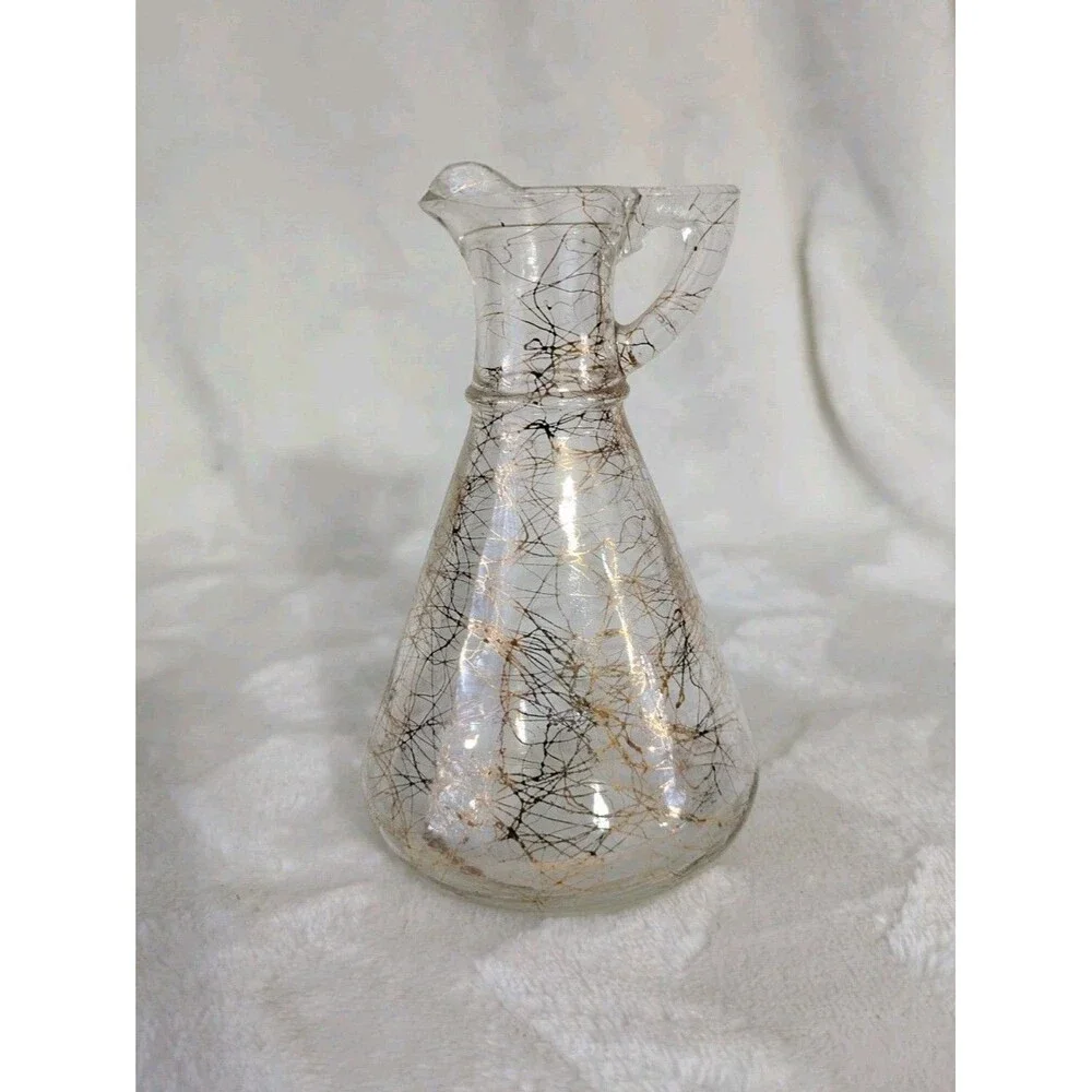 Vtg Hazel Atlas Gold Spaghetti String Drizzle Glass Vinegar Or Oil Cruet No Lid